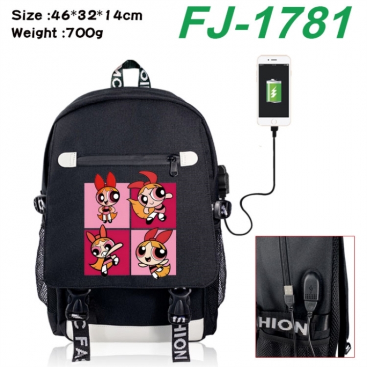 The Powerpuff Girls canvas USB backpack cartoon print student backpack 46X32X14CM 700g 