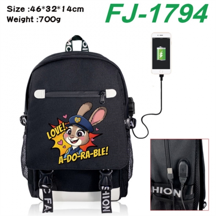 Zootopia canvas USB backpack cartoon print student backpack 46X32X14CM 700g 