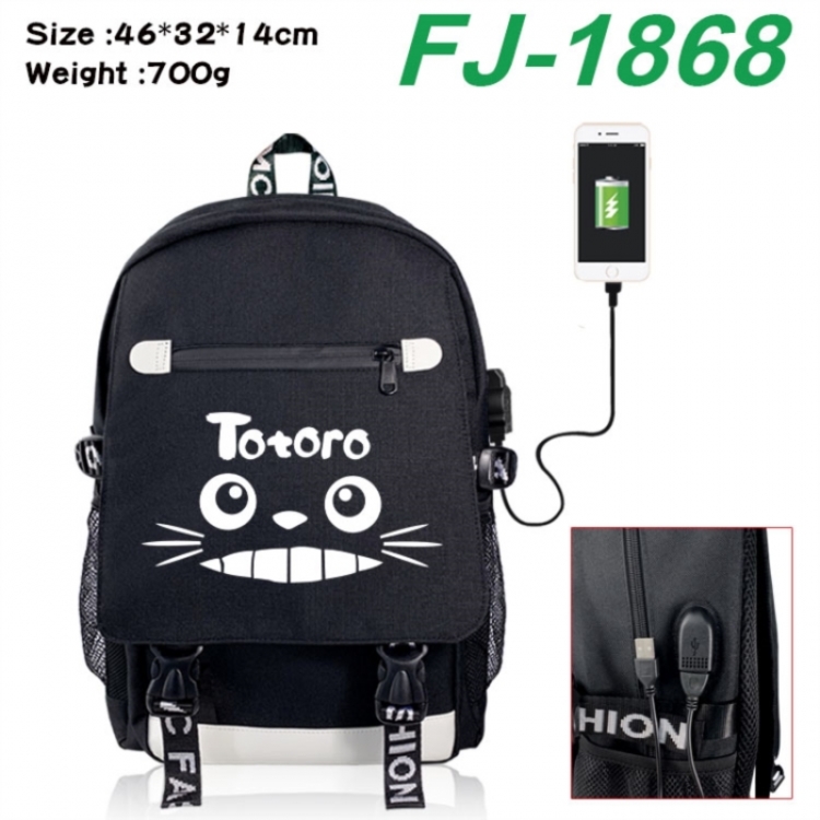 TOTORO canvas USB backpack cartoon print student backpack 46X32X14CM 700g 