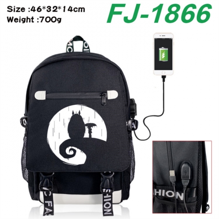 TOTORO canvas USB backpack cartoon print student backpack 46X32X14CM 700g 