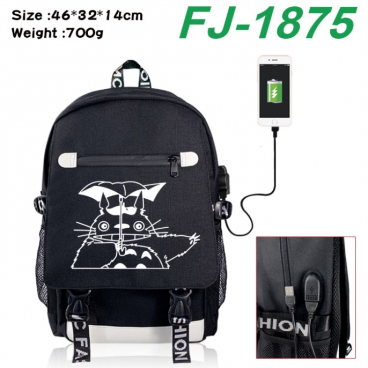 TOTORO canvas USB backpack cartoon print student backpack 46X32X14CM 700g 