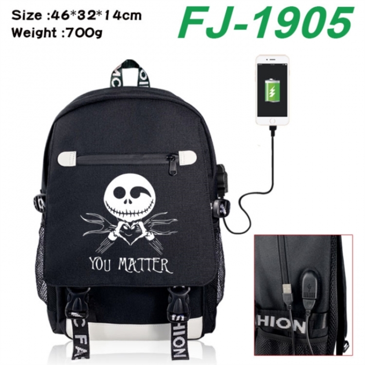 The Nightmare Before Christmas canvas USB backpack cartoon print student backpack 46X32X14CM 700g 