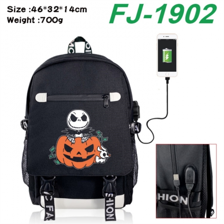The Nightmare Before Christmas canvas USB backpack cartoon print student backpack 46X32X14CM 700g 