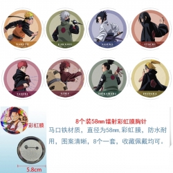 Naruto Anime Circular laser rainbow film brooch badge 58MM a set of 8