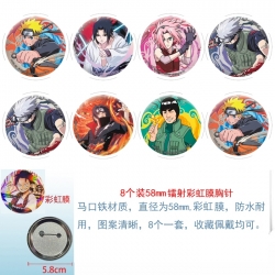Naruto Anime Circular laser rainbow film brooch badge 58MM a set of 8