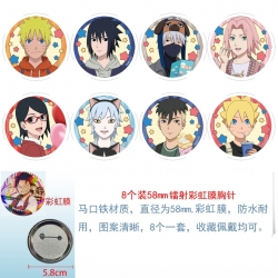 Naruto Anime Circular laser rainbow film brooch badge 58MM a set of 8
