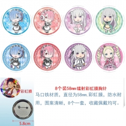 Re:Zero kara Hajimeru Isekai Seikatsu Anime Circular laser rainbow film brooch badge 58MM a set of 8