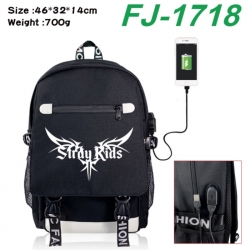Stray Kids canvas USB backpack cartoon print student backpack 46X32X14CM 700g 
