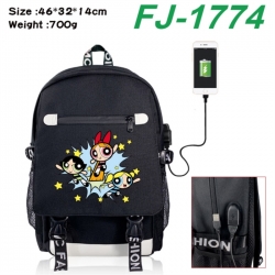 The Powerpuff Girls canvas USB backpack cartoon print student backpack 46X32X14CM 700g 