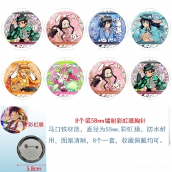 Demon Slayer Kimets Anime Circular laser rainbow film brooch badge 58MM a set of 8