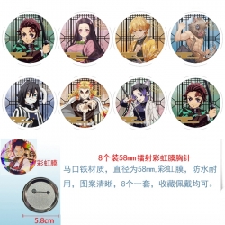 Demon Slayer Kimets Anime Circular laser rainbow film brooch badge 58MM a set of 8