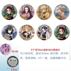 Demon Slayer Kimets Anime Circular laser fine sand film brooch badge 58MM a set of 8