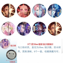 Demon Slayer Kimets Anime Circular laser fine sand film brooch badge 58MM a set of 8