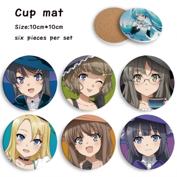 Rascal Does Not Dream of Bunny Girl Senpai‌ Anime ceramic water absorbing and heat-insulating coaster 10x10cm a set of 6