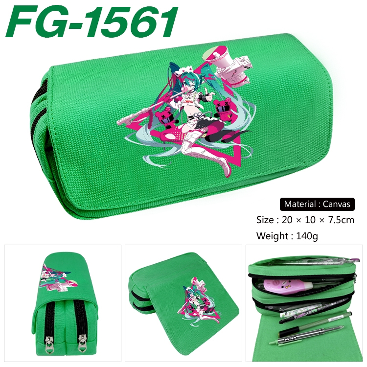 Hatsune Miku Anime Multi-Function Double Zipper Canvas Cosmetic Bag Pen Case 20x10x7.5cm