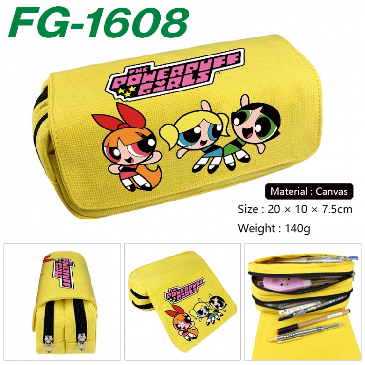 The Powerpuff Girls Anime Multi-Function Double Zipper Canvas Cosmetic Bag Pen Case 20x10x7.5cm