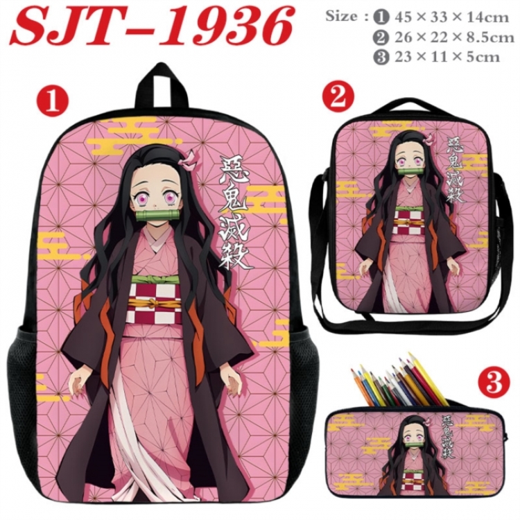 Demon Slayer Kimets Anime nylon canvas backpack pencil case crossbody bag three piece set 45x33x14cm