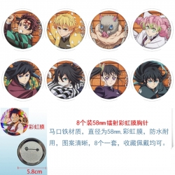Demon Slayer Kimets Anime Circular laser rainbow film brooch badge 58MM a set of 8