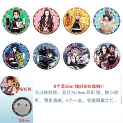 Demon Slayer Kimets Anime Circular laser rainbow film brooch badge 58MM a set of 8