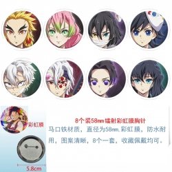 Demon Slayer Kimets Anime Circular laser rainbow film brooch badge 58MM a set of 8