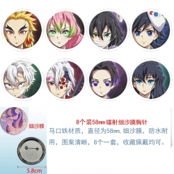 Demon Slayer Kimets Anime Circular laser fine sand film brooch badge 58MM a set of 8