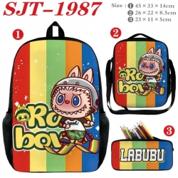 Labubu Anime nylon canvas backpack pencil case crossbody bag three piece set 45x33x14cm