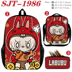 Labubu Anime nylon canvas backpack pencil case crossbody bag three piece set 45x33x14cm