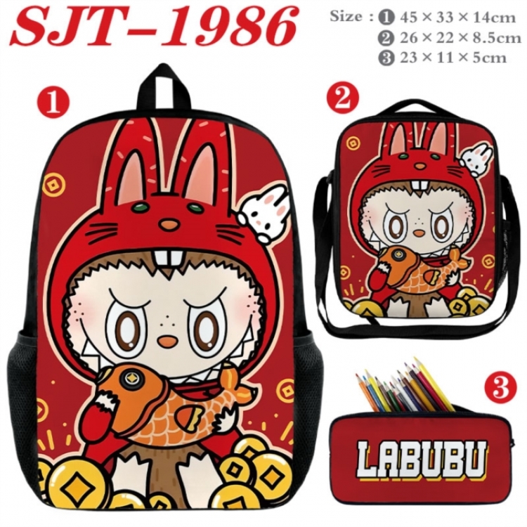 Labubu Anime nylon canvas backpack pencil case crossbody bag three piece set 45x33x14cm