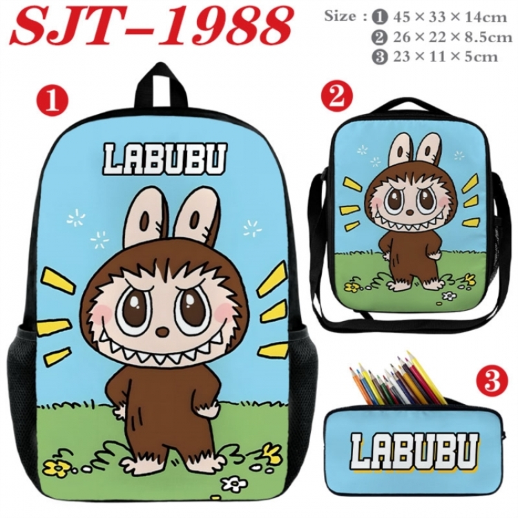 Labubu Anime nylon canvas backpack pencil case crossbody bag three piece set 45x33x14cm
