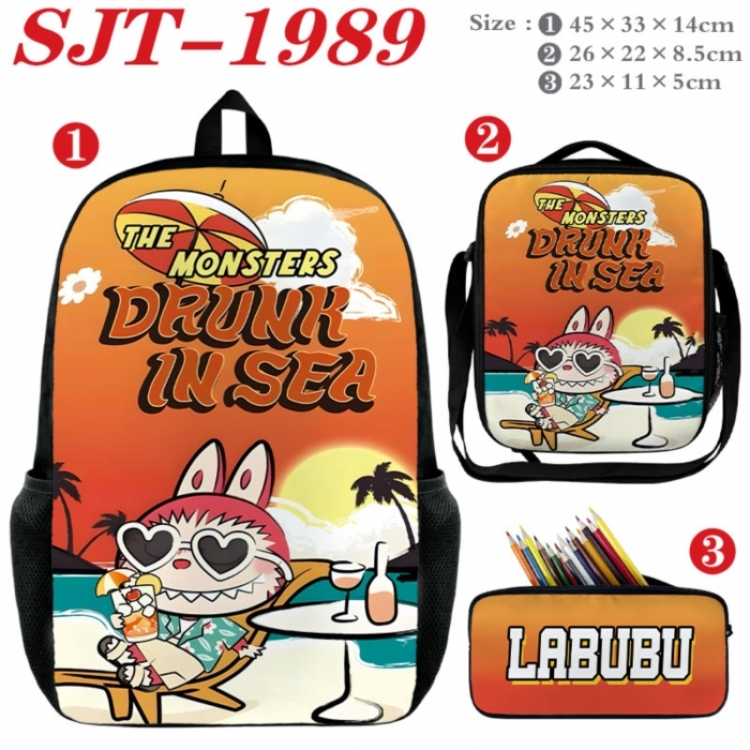 Labubu Anime nylon canvas backpack pencil case crossbody bag three piece set 45x33x14cm