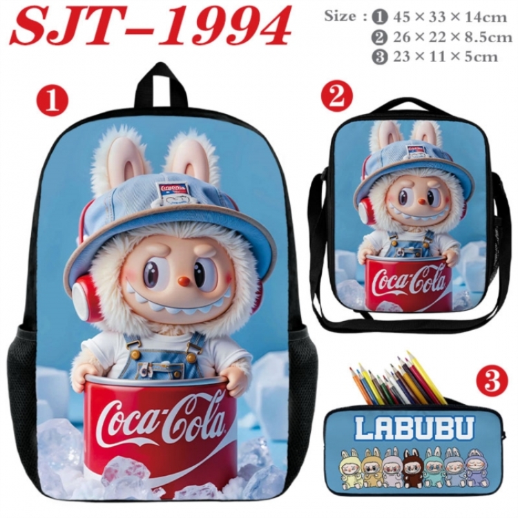 Labubu Anime nylon canvas backpack pencil case crossbody bag three piece set 45x33x14cm